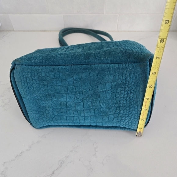 B.May Medium Pocket Tote Embossed Gator Suede Leather Teal Blue Shoulder Bag - Picture 4 of 9